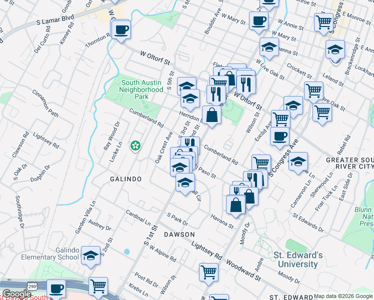 map of restaurants, bars, coffee shops, grocery stores, and more near 2715 South 1st Street in Austin