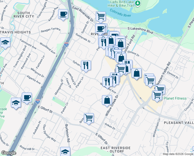 map of restaurants, bars, coffee shops, grocery stores, and more near 1900 Woodland Avenue in Austin