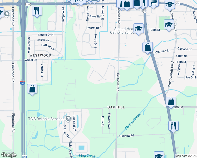 map of restaurants, bars, coffee shops, grocery stores, and more near 6132 Fillyside Trail in Jacksonville