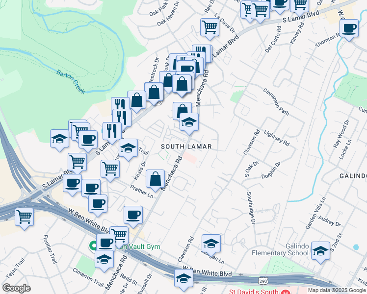 map of restaurants, bars, coffee shops, grocery stores, and more near 3506 Menchaca Road in Austin