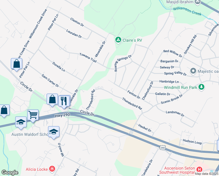 map of restaurants, bars, coffee shops, grocery stores, and more near 8809 Fenton Drive in Austin