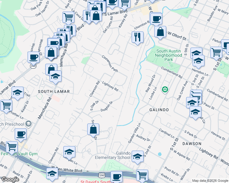map of restaurants, bars, coffee shops, grocery stores, and more near 3200 Overcup Oak Drive in Austin