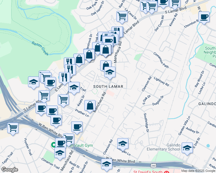 map of restaurants, bars, coffee shops, grocery stores, and more near 3506 Menchaca Road in Austin
