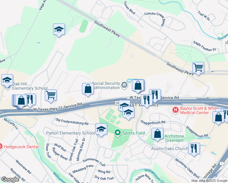 map of restaurants, bars, coffee shops, grocery stores, and more near 5526 West US Highway 290 Service Road in Austin