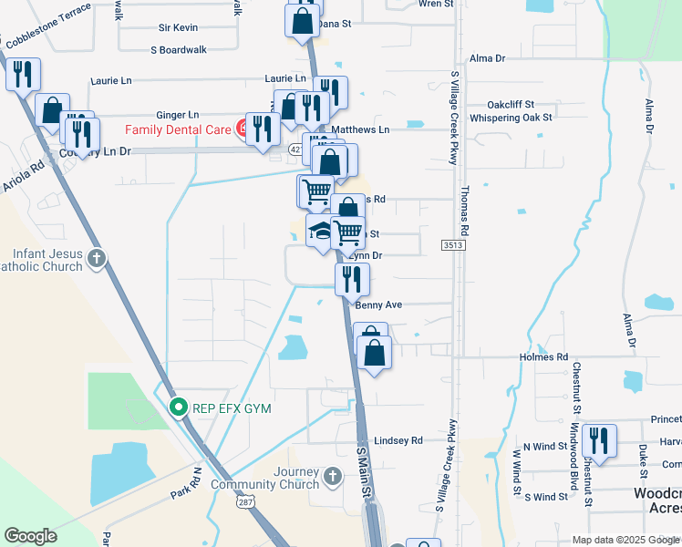 map of restaurants, bars, coffee shops, grocery stores, and more near 921 South Main Street in Lumberton