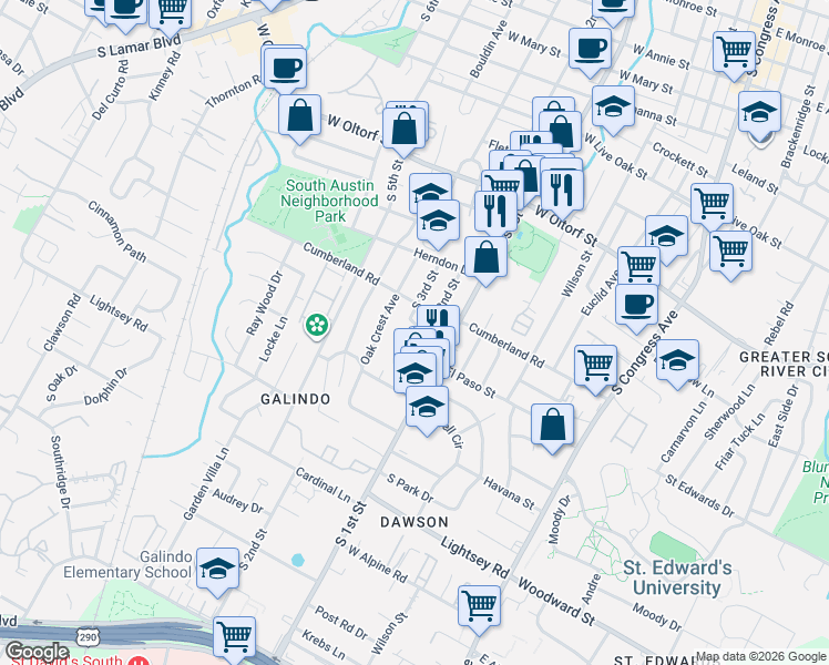 map of restaurants, bars, coffee shops, grocery stores, and more near 801 Cumberland Road in Austin