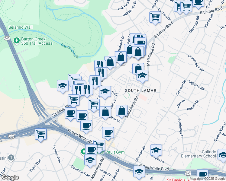 map of restaurants, bars, coffee shops, grocery stores, and more near 2200 Panther Trail in Austin