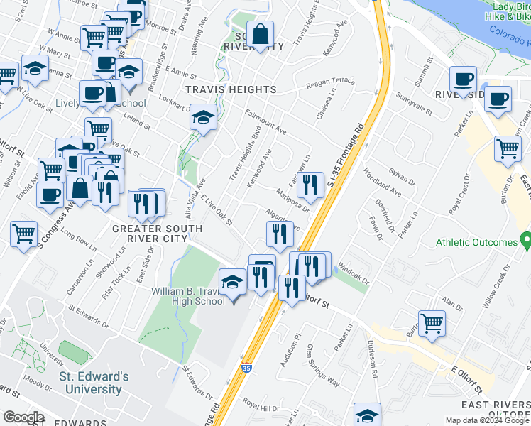 map of restaurants, bars, coffee shops, grocery stores, and more near 1117 Algarita Avenue in Austin