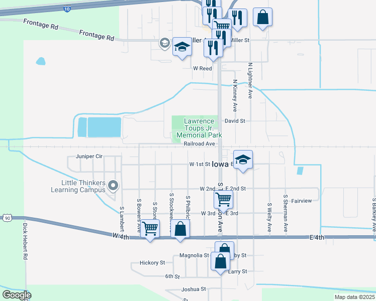 map of restaurants, bars, coffee shops, grocery stores, and more near 100 South Philbrick Avenue in Iowa