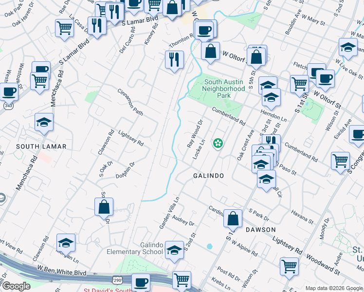 map of restaurants, bars, coffee shops, grocery stores, and more near 3005 Birdwood Circle in Austin