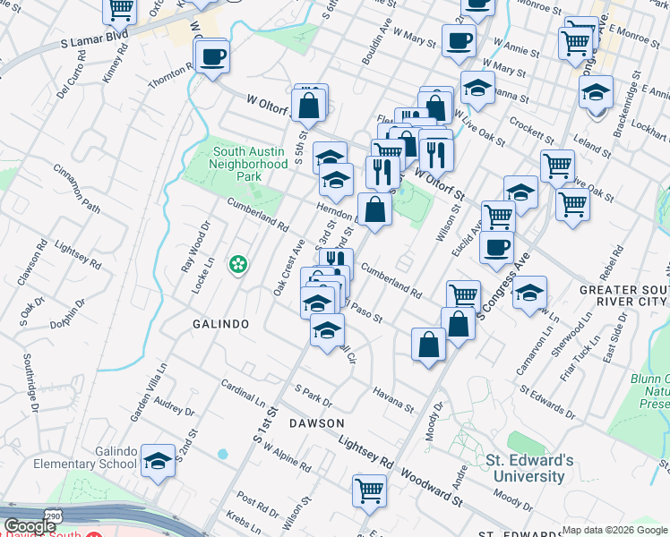 map of restaurants, bars, coffee shops, grocery stores, and more near 602 Cumberland Road in Austin