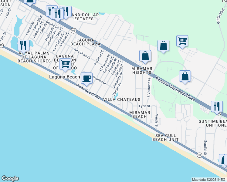 map of restaurants, bars, coffee shops, grocery stores, and more near 206 Palmetto Place in Panama City Beach