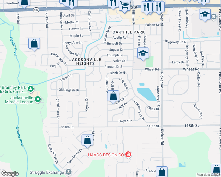 map of restaurants, bars, coffee shops, grocery stores, and more near 6025 Gulf Road South in Jacksonville