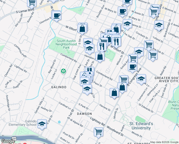map of restaurants, bars, coffee shops, grocery stores, and more near 602 Cumberland Road in Austin