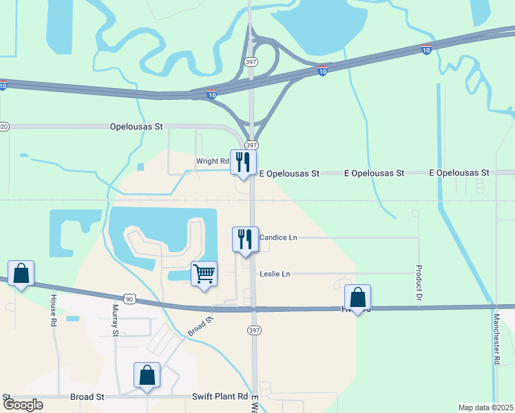 map of restaurants, bars, coffee shops, grocery stores, and more near 233 Louisiana 397 in Lake Charles
