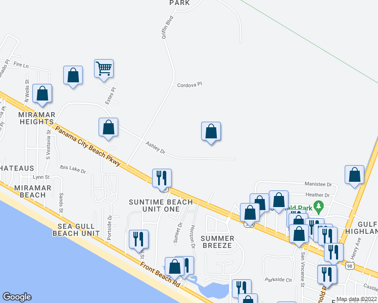 map of restaurants, bars, coffee shops, grocery stores, and more near 17680 Ashley Drive in Panama City Beach
