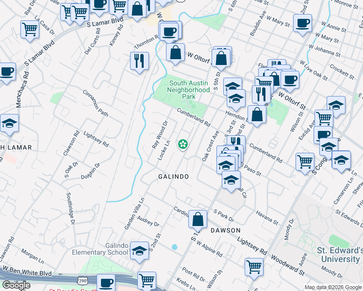 map of restaurants, bars, coffee shops, grocery stores, and more near 2901b Locke Lane in Austin