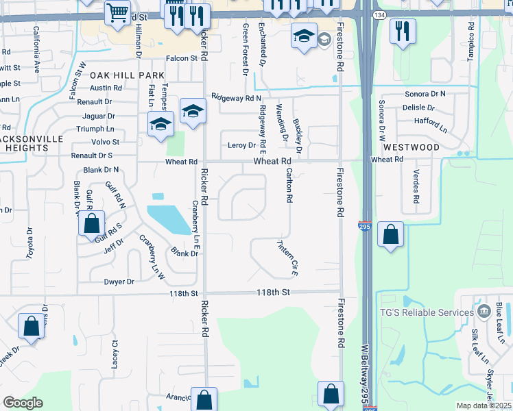 map of restaurants, bars, coffee shops, grocery stores, and more near 6137 Hill View Court in Jacksonville