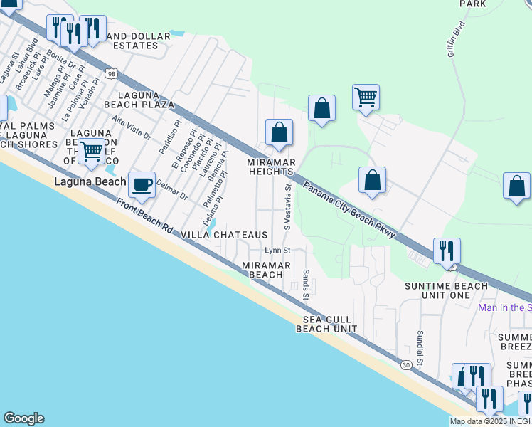 map of restaurants, bars, coffee shops, grocery stores, and more near 17827 Nelda Street in Panama City Beach