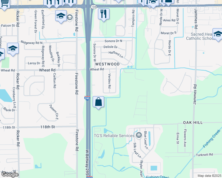 map of restaurants, bars, coffee shops, grocery stores, and more near 6149 Verdes Road in Jacksonville