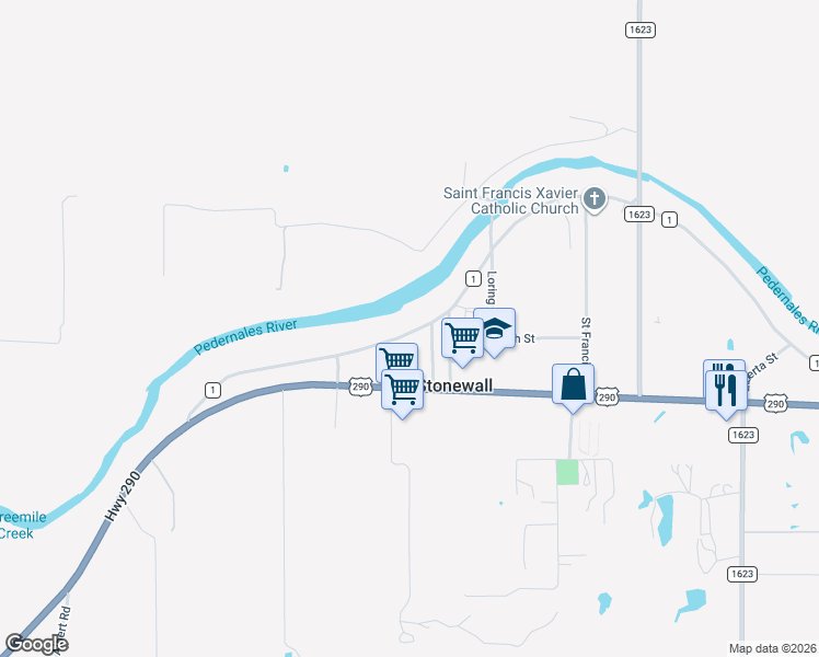 map of restaurants, bars, coffee shops, grocery stores, and more near 635 Ranch Road 1 in Stonewall