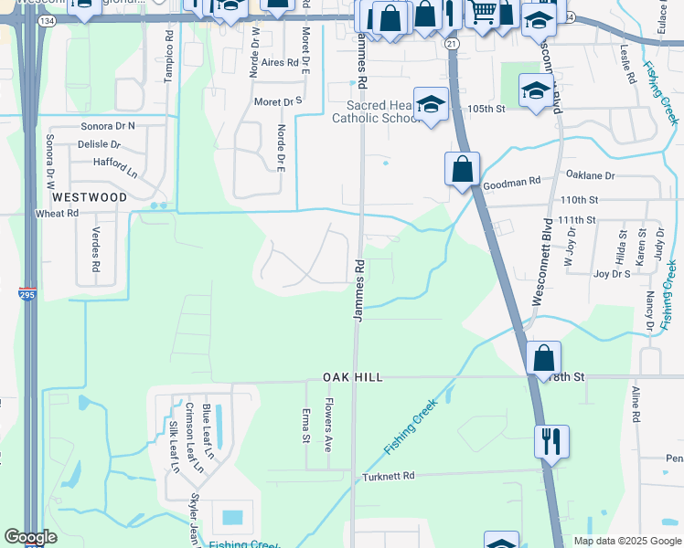 map of restaurants, bars, coffee shops, grocery stores, and more near 6076 Scenic Meadow Lane in Jacksonville