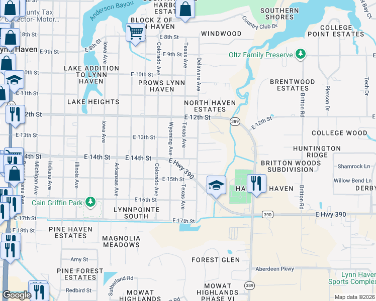 map of restaurants, bars, coffee shops, grocery stores, and more near 1305 Texas Avenue in Lynn Haven