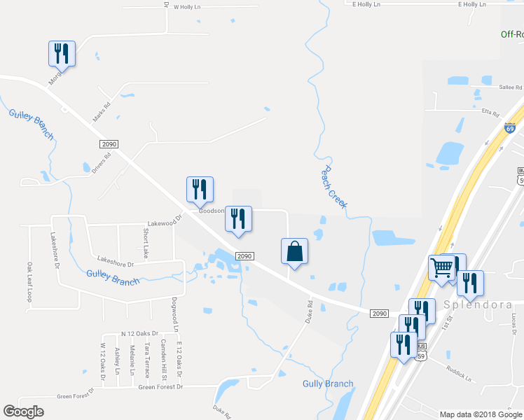 map of restaurants, bars, coffee shops, grocery stores, and more near 25214 Goodson Road in Splendora
