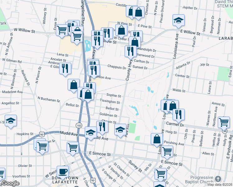 map of restaurants, bars, coffee shops, grocery stores, and more near 307 Sophie Street in Lafayette