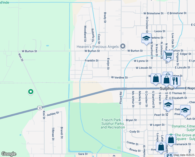 map of restaurants, bars, coffee shops, grocery stores, and more near 1031 West Verdine Street in Sulphur