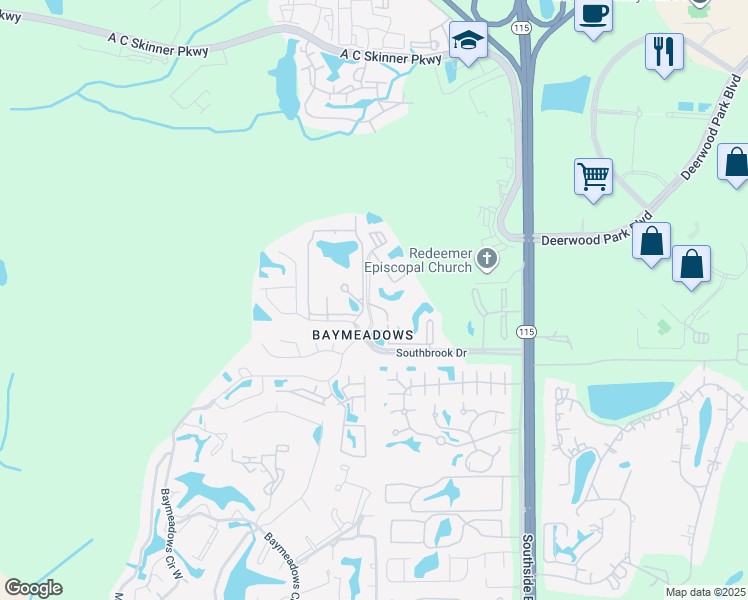 map of restaurants, bars, coffee shops, grocery stores, and more near 9765 Southbrook Drive in Jacksonville