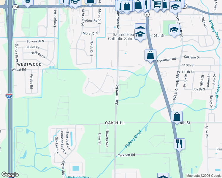 map of restaurants, bars, coffee shops, grocery stores, and more near 6076 Scenic Meadow Lane in Jacksonville