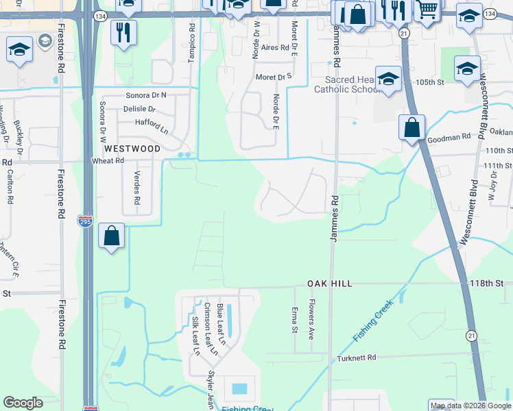 map of restaurants, bars, coffee shops, grocery stores, and more near 6116 Hannah Stables Court in Jacksonville