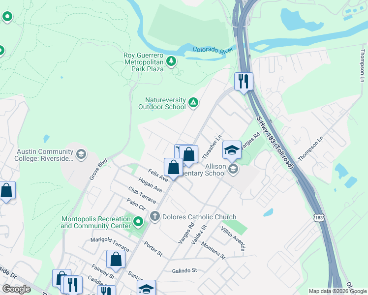 map of restaurants, bars, coffee shops, grocery stores, and more near 616 Kemp Street in Austin