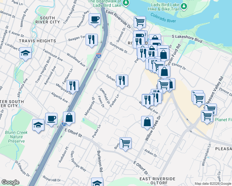 map of restaurants, bars, coffee shops, grocery stores, and more near 1711 Woodland Avenue in Austin