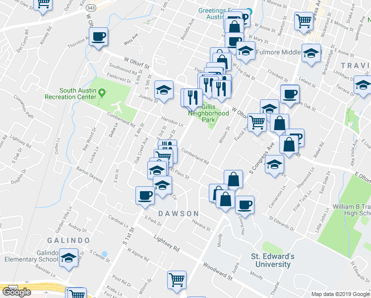 map of restaurants, bars, coffee shops, grocery stores, and more near 2610 Stacy Lane in Austin