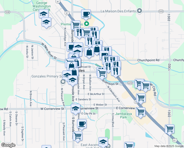 map of restaurants, bars, coffee shops, grocery stores, and more near 320 East Ascension Street in Gonzales