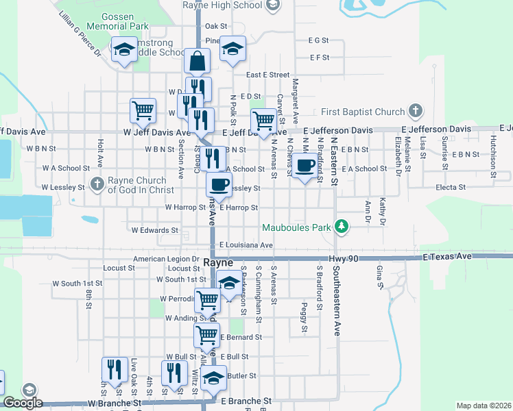 map of restaurants, bars, coffee shops, grocery stores, and more near 308 North Parkerson Avenue in Crowley