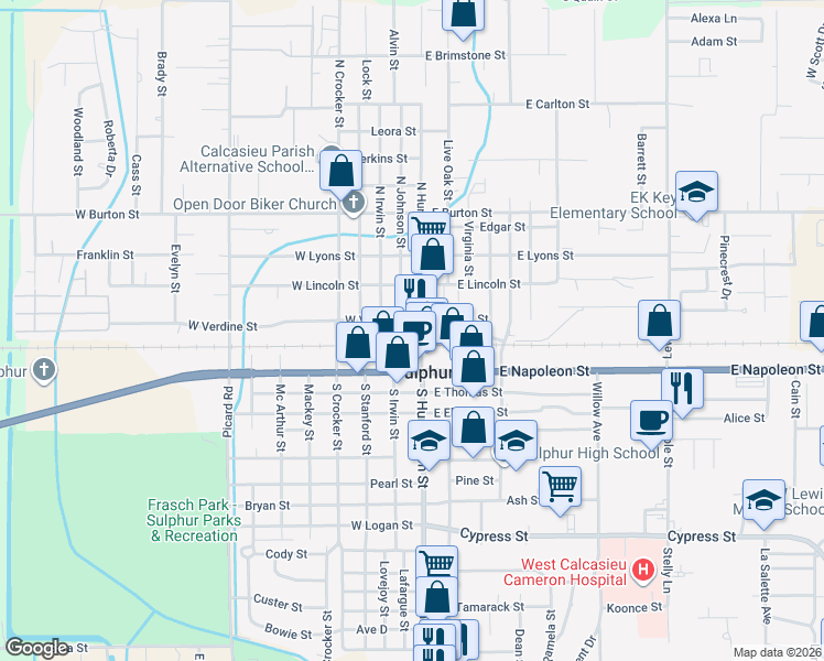 map of restaurants, bars, coffee shops, grocery stores, and more near 101 North Huntington Street in Sulphur