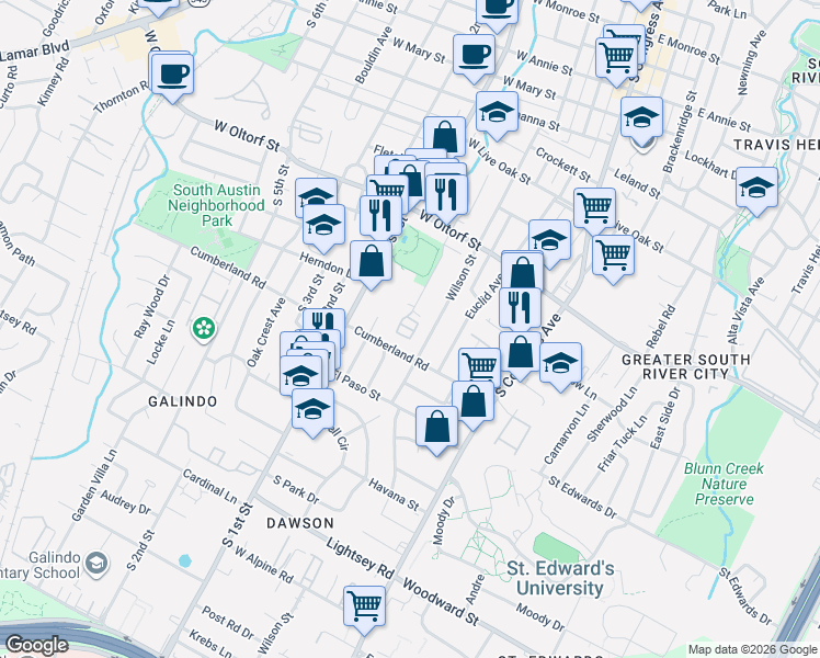 map of restaurants, bars, coffee shops, grocery stores, and more near 2602 Wilson Street in Austin