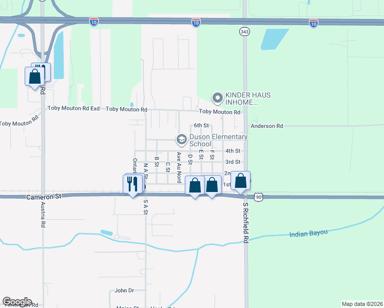 map of restaurants, bars, coffee shops, grocery stores, and more near 301 4th Street in Rayne