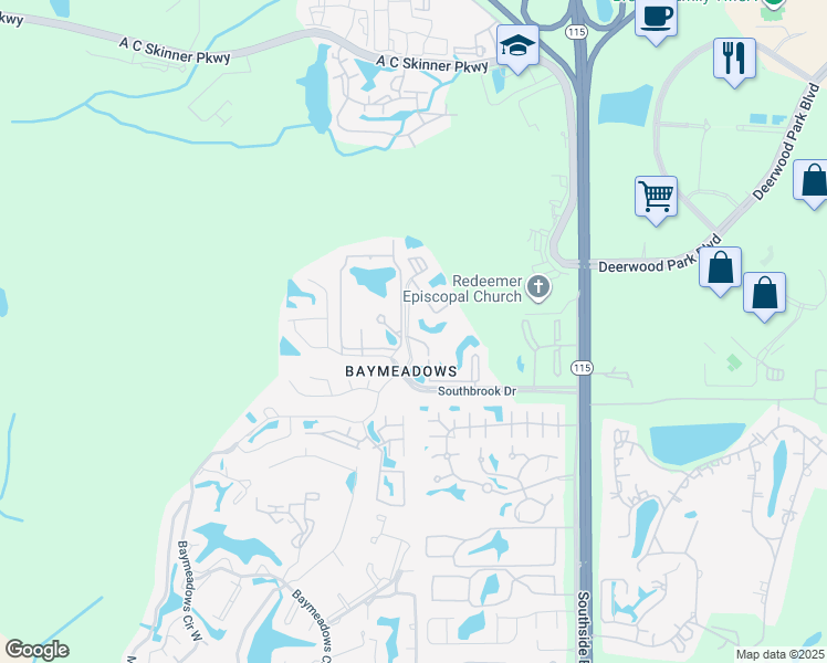 map of restaurants, bars, coffee shops, grocery stores, and more near 9611 Southbrook Drive in Jacksonville