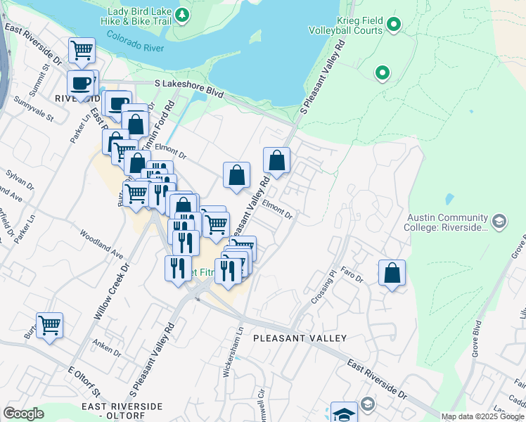 map of restaurants, bars, coffee shops, grocery stores, and more near 1600 Wickersham Lane in Austin