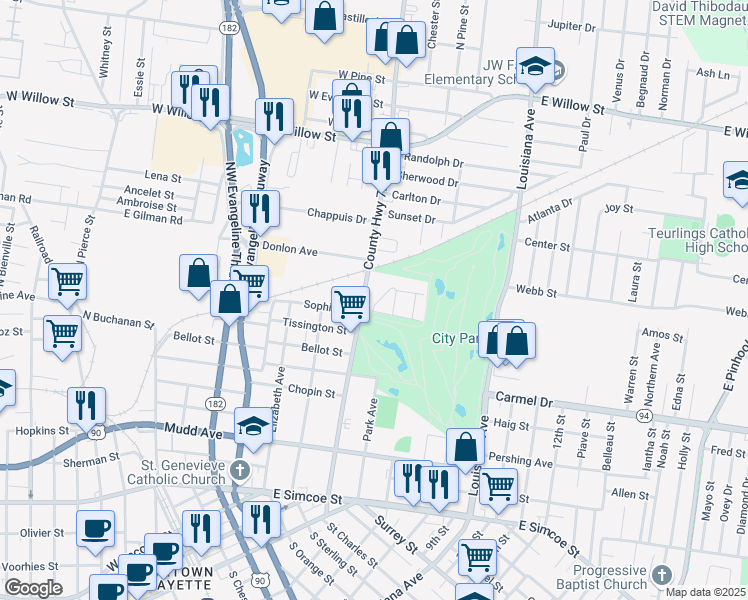 map of restaurants, bars, coffee shops, grocery stores, and more near 401 Sophie Street in Lafayette