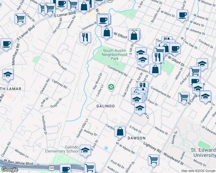 map of restaurants, bars, coffee shops, grocery stores, and more near 2901b Locke Lane in Austin