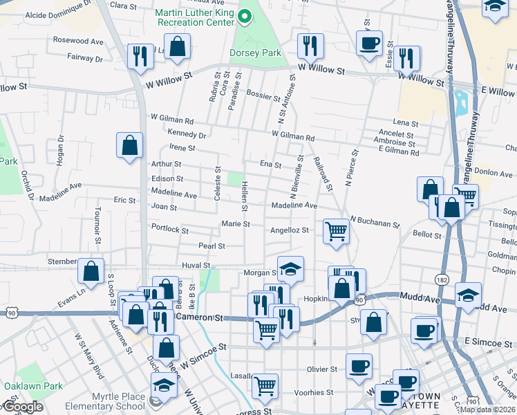 map of restaurants, bars, coffee shops, grocery stores, and more near 603 North Saint Antoine Street in Lafayette