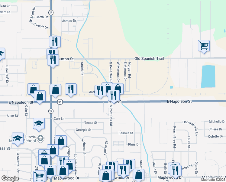 map of restaurants, bars, coffee shops, grocery stores, and more near 151-201 North Post Oak Road in Sulphur