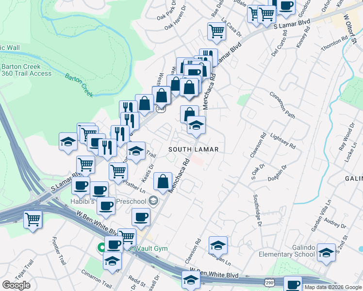 map of restaurants, bars, coffee shops, grocery stores, and more near 3622 Manchaca Road in Austin
