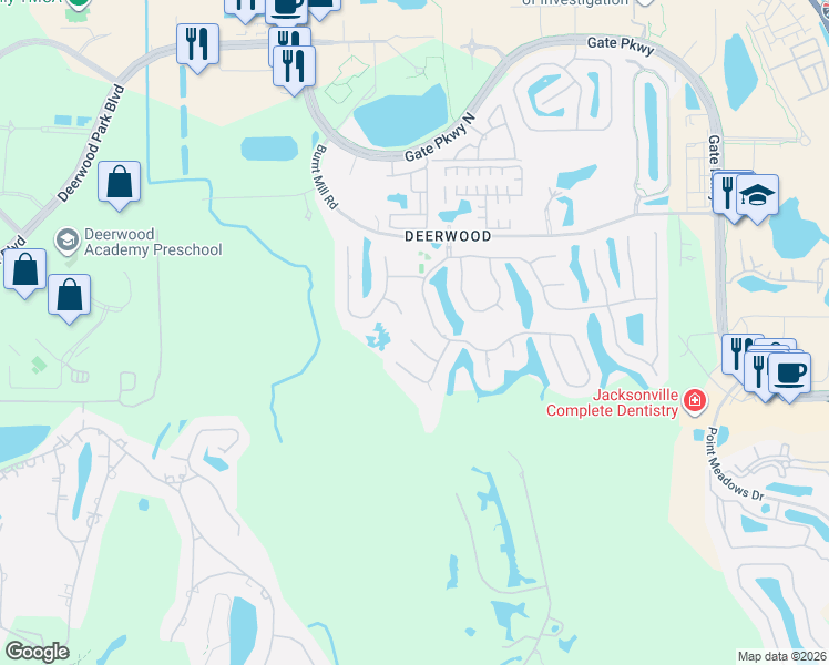 map of restaurants, bars, coffee shops, grocery stores, and more near 7659 Royal Crest Drive in Jacksonville