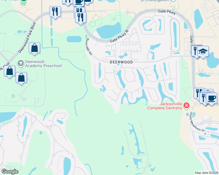 map of restaurants, bars, coffee shops, grocery stores, and more near 10992 Wood Eden Court in Jacksonville